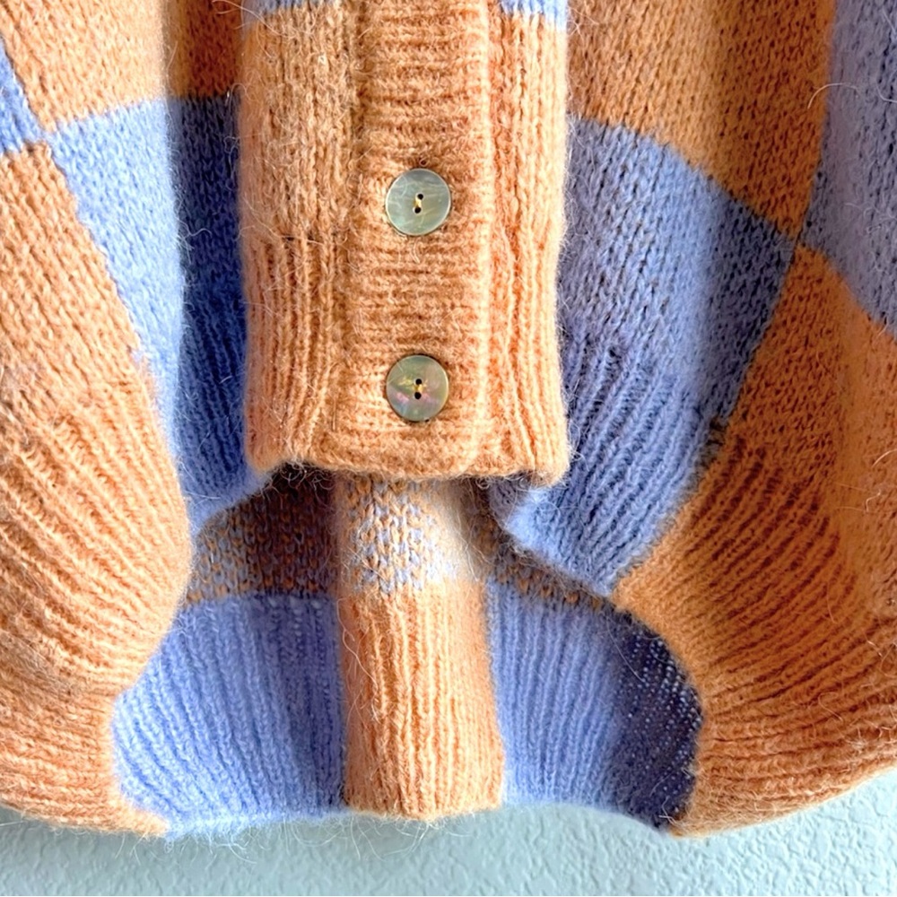 STINE GOYA Designer Check Cardigan Scandinavian Knit Orange Purple Size M - Picture 9 of 10